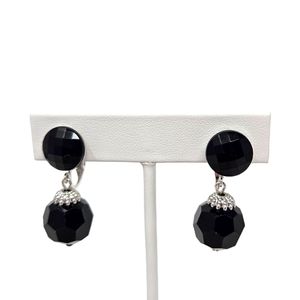 Vintage Crown Trifari Black Faceted Glass Bead Earrings Dangle Clip On Signed